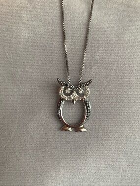 Vintage Sterling Silver Owl Necklace 925 CZ Pave Pendant 18” Italy